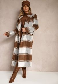 Renee - Brązowy Niezapinany Płaszcz w Kratkę z Kieszeniami z Klapą Fiboila. Okazja: na co dzień. Kolor: brązowy. Materiał: jeans. Wzór: kratka. Styl: elegancki, casual