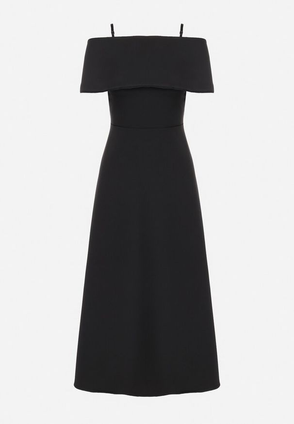 Born2be - Czarna Sukienka o Rozkloszowanym Kroju na Ramiączkach z Wywijanym Dekoltem Jenathia. Okazja: na wesele, na studniówkę, na imprezę, na ślub cywilny. Kolor: czarny. Długość rękawa: na ramiączkach