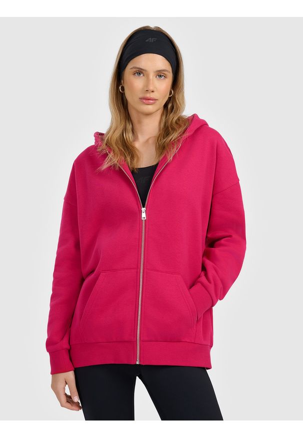 4f - 4F Bluza dresowa rozpinana z kapturem damska - różowa S. Okazja: na co dzień, na spacer, do pracy. Typ kołnierza: kaptur. Kolor: różowy. Materiał: dresówka. Styl: casual
