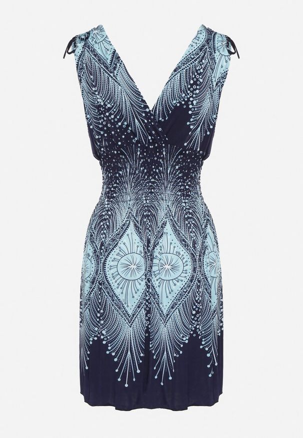 Born2be - Niebieska Sukienka Rozkloszowana ze Ściągaczami przy Ramionach w Abstrakcyjny Wzór Filinea. Okazja: na imprezę, na co dzień. Typ kołnierza: dekolt w kształcie V. Kolor: niebieski. Materiał: jeans. Typ sukienki: rozkloszowane, proste. Styl: klasyczny, casual, elegancki