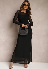 Renee - Czarna Siateczkowa Sukienka o Taliowanym Kroju z Halką Manemoma. Kolor: czarny. Długość rękawa: długi rękaw #4