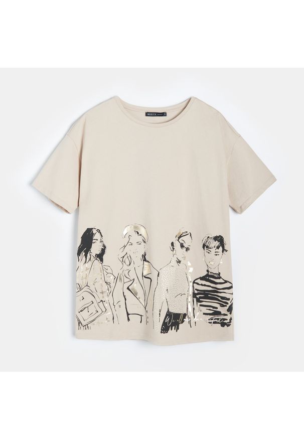 Mohito - Bawełniany t-shirt z nadrukiem - Beżowy. Kolor: beżowy. Materiał: bawełna. Wzór: nadruk