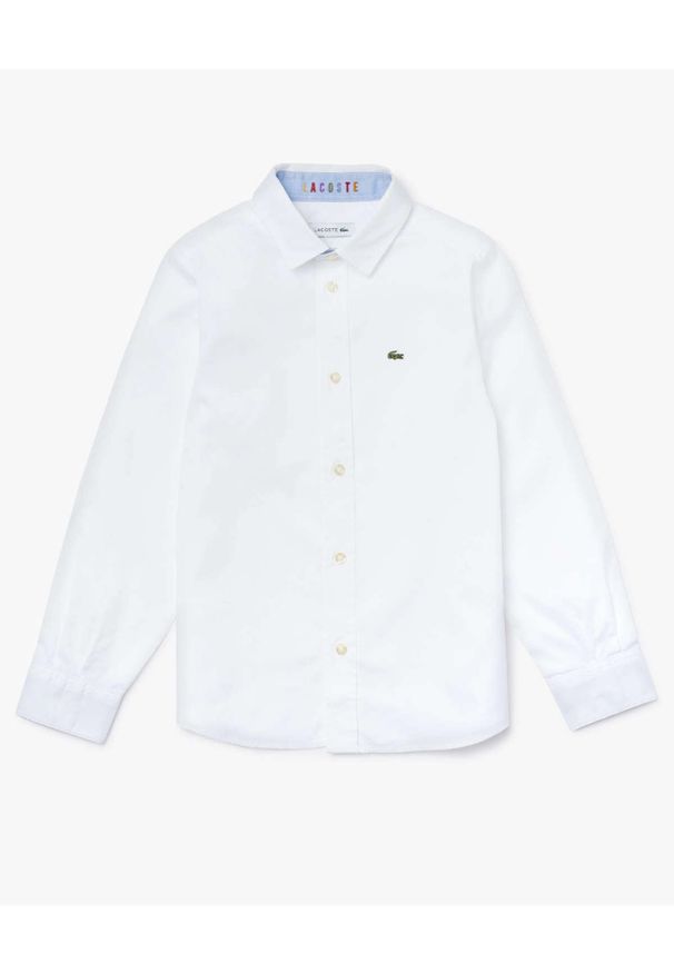 Lacoste - LACOSTE - Biała koszula z logo. Typ kołnierza: kołnierzyk klasyczny. Kolor: biały. Materiał: bawełna. Wzór: aplikacja. Styl: klasyczny
