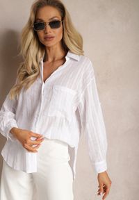 Renee - Biała Koszula z Bawełny w Paski z Haftem na Wsuwanej Kieszonce Valerita. Kolor: biały. Materiał: bawełna. Wzór: paski, haft #3