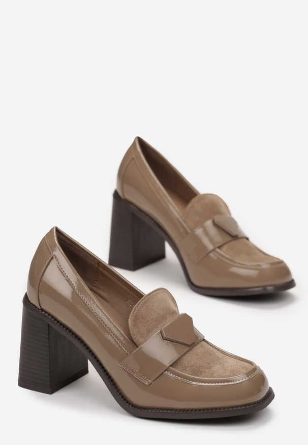 Born2be - Ciemnobeżowe Półbuty na Słupku z Metalową Ozdobą Ceviano. Kolor: beżowy. Wzór: aplikacja. Obcas: na słupku. Styl: elegancki