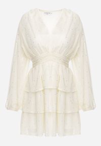 Renee - Jasnobeżowa Rozkloszowana Sukienka Mini z Metalicznym Nadrukiem i Falbankami Enrilea. Okazja: na imprezę. Typ kołnierza: kołnierz z falbankami. Kolor: beżowy. Wzór: nadruk. Długość: mini #10