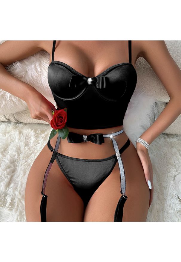 Intica - Komplet bielizny z body i pasem do pończoch z kokardą Iside. Kolor: czerwony. Materiał: materiał. Długość: długie