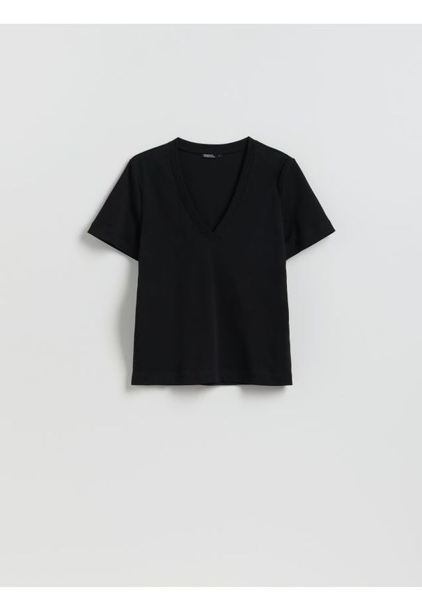 Reserved - Bawełniany t-shirt - czarny. Kolor: czarny. Materiał: bawełna. Wzór: gładki