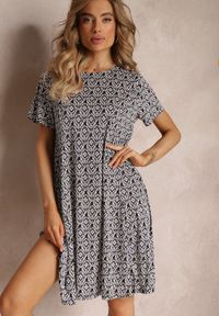 Renee - Czarno-Beżowa Sukienka Mini z Krótkimi Rękawami i Wzorem w Kwiaty Cassatha. Kolor: czarny. Długość rękawa: krótki rękaw. Wzór: kwiaty. Sezon: lato. Długość: mini #4