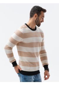 Ombre Clothing - Sweter męski w paski E189 - beżowy - XXL. Kolor: beżowy. Materiał: dzianina, bawełna. Wzór: paski. Styl: klasyczny #5