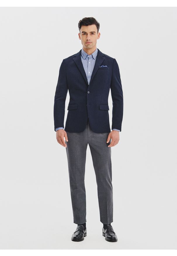 Pako Lorente - PAKO LORENTE – Granatowa dzianinowa marynarka męska. Kolor: niebieski. Materiał: dzianina