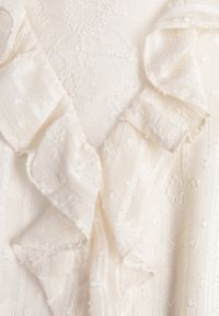 Renee - Beżowa Bluzka z Koronką i Falbankami Zdobiona Metalicznymi Przeszyciami Aliafera. Typ kołnierza: kołnierz z falbankami. Kolor: beżowy. Materiał: koronka. Wzór: aplikacja, koronka #6