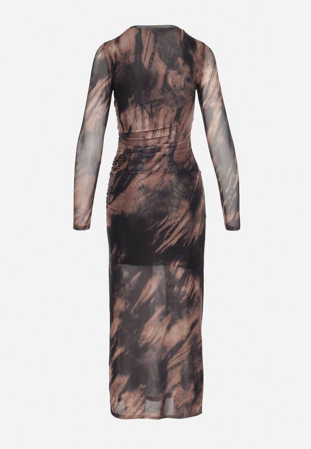 Born2be - Czarno-Beżowa Dopasowana Sukienka Długa z Siateczki z Rozcięciem na Boku Nethys. Kolor: czarny. Materiał: wiskoza. Styl: elegancki. Długość: maxi