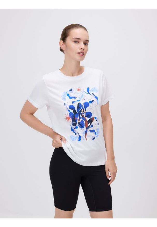 Reserved - T-shirt z nadrukiem - biały. Kolor: biały. Materiał: bawełna, dzianina. Wzór: nadruk