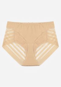 Renee - Beżowe Siateczkowe Majtki Figi High Waist z Koronkowymi Zdobieniami Heylih. Stan: podwyższony. Kolor: beżowy. Materiał: koronka. Wzór: aplikacja #2