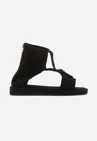 Renee - Czarne Sandały Typu Botki Ozdobione Metaliczną Klamrą z Przodu Adrasaia. Zapięcie: klamry. Kolor: czarny. Wzór: aplikacja. Sezon: lato #2