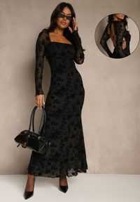 Renee - Czarna Sukienka VICES Bodycon z Siateczki Ozdobionej Wzorem w Kwiaty Rivita. Okazja: na studniówkę, na imprezę. Typ kołnierza: dekolt kwadratowy. Kolor: czarny. Wzór: aplikacja, kwiaty. Typ sukienki: bodycon. Styl: elegancki #1