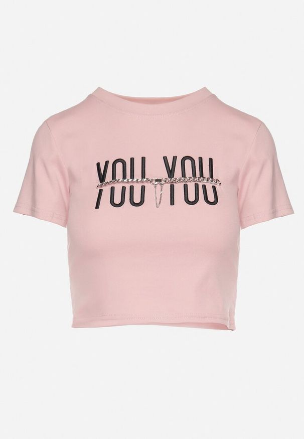 Born2be - Różowy Bawełniany T-shirt z Napisem i Łańcuchem Olimelia. Kolor: różowy. Materiał: bawełna. Wzór: napisy