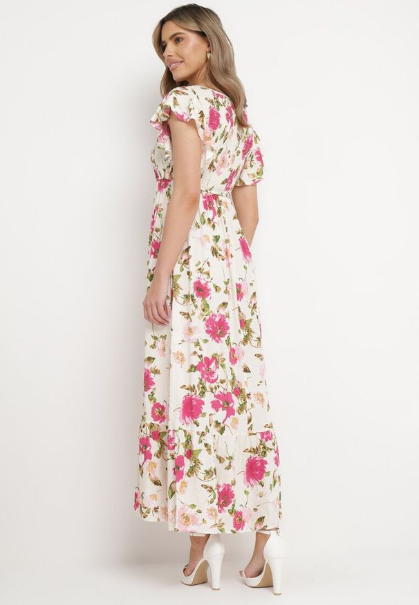 Born2be - Jasnobeżowa Rozkloszowana Sukienka Maxi z Wiskozy w Kwiatowy Print Unadis. Kolor: beżowy. Materiał: wiskoza. Wzór: kwiaty, nadruk. Sezon: lato. Długość: maxi