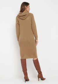 Born2be - Ciemnobeżowa Wełniana Sukienka z Kapturem w Prążki Tyrwe. Okazja: na co dzień. Typ kołnierza: kaptur. Kolor: beżowy. Materiał: wełna. Długość rękawa: długi rękaw. Wzór: prążki. Typ sukienki: proste. Styl: casual, elegancki, klasyczny #4