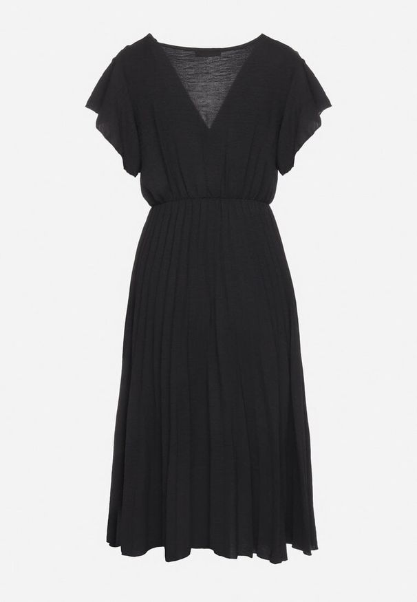 Born2be - Czarna Plisowana Sukienka z Kopertowym Dekoltem i Gumką w Talii Waretta. Typ kołnierza: dekolt kopertowy. Kolor: czarny. Typ sukienki: kopertowe. Styl: elegancki