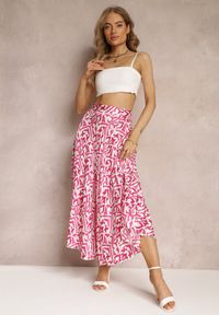 Renee - Fuksjowa Plisowana Spódnica Maxi w Fantazyjny Print Maritha. Kolor: różowy. Materiał: tkanina, satyna. Wzór: nadruk