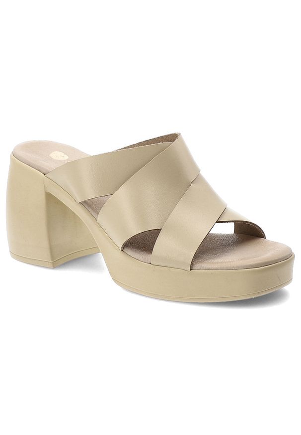 Klapki damskie Armodo, cholewka ze skóry naturalnej licowej z szerokimi krzyżującymi się paskami na wysokim obcasie, beżowe, 40524. Kolor: beżowy. Materiał: skóra. Obcas: na obcasie. Wysokość obcasa: wysoki