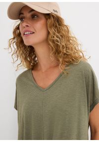 bonprix - T-shirt z mieszanki wiskozy. Typ kołnierza: dekolt w serek. Kolor: zielony. Materiał: wiskoza. Długość rękawa: krótki rękaw. Długość: krótkie. Styl: elegancki #2
