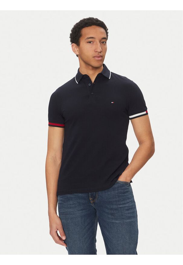TOMMY HILFIGER - Tommy Hilfiger Polo Flag Cuff MW0MW38458 Granatowy Slim Fit. Typ kołnierza: polo. Kolor: niebieski. Materiał: bawełna