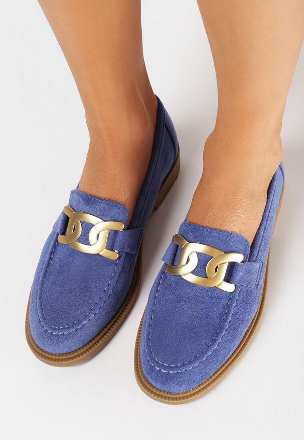 Born2be - Niebieskie Mokasyny z Ekozamszu z Metalową Klamrą Sanile. Zapięcie: klamry. Kolor: niebieski. Styl: elegancki