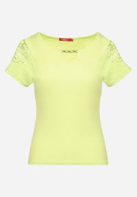 Born2be - Zielony Bawełniany T-shirt z Łańcuszkiem i Koronką Liraveira. Okazja: na co dzień. Typ kołnierza: okrągły. Kolor: zielony. Materiał: bawełna, koronka. Długość rękawa: krótki rękaw. Długość: krótkie. Wzór: koronka. Styl: klasyczny, elegancki, casual #6