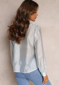 Renee - Niebieska Koszula na Guziki z Ozdobną Koronką Raneem. Kolor: niebieski. Materiał: koronka. Długość: długie. Wzór: koronka