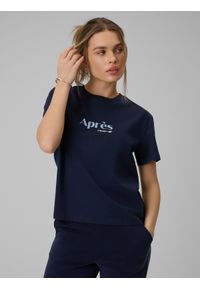4f - 4F T-shirt boxy z nadrukiem damski - granatowy S. Okazja: na co dzień. Kolor: niebieski. Materiał: dzianina, bawełna, materiał. Wzór: nadruk. Styl: casual #1