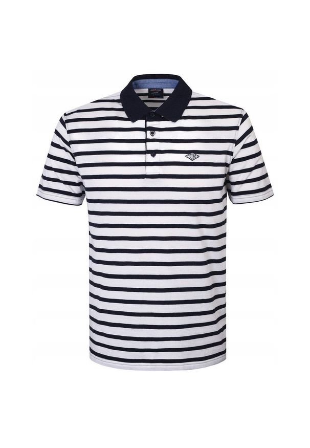 Koszulka Polo - Męska - Pako Jeans - Biała w Granatowy Prążek. Okazja: na co dzień. Typ kołnierza: polo. Kolor: niebieski. Materiał: bawełna. Wzór: paski, prążki. Styl: casual