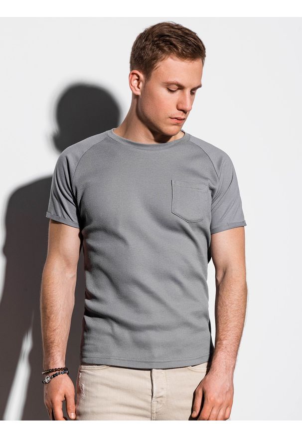Ombre Clothing - T-shirt męski bez nadruku S1182 - szary - XXL. Kolor: szary. Materiał: tkanina, bawełna, poliester. Styl: klasyczny