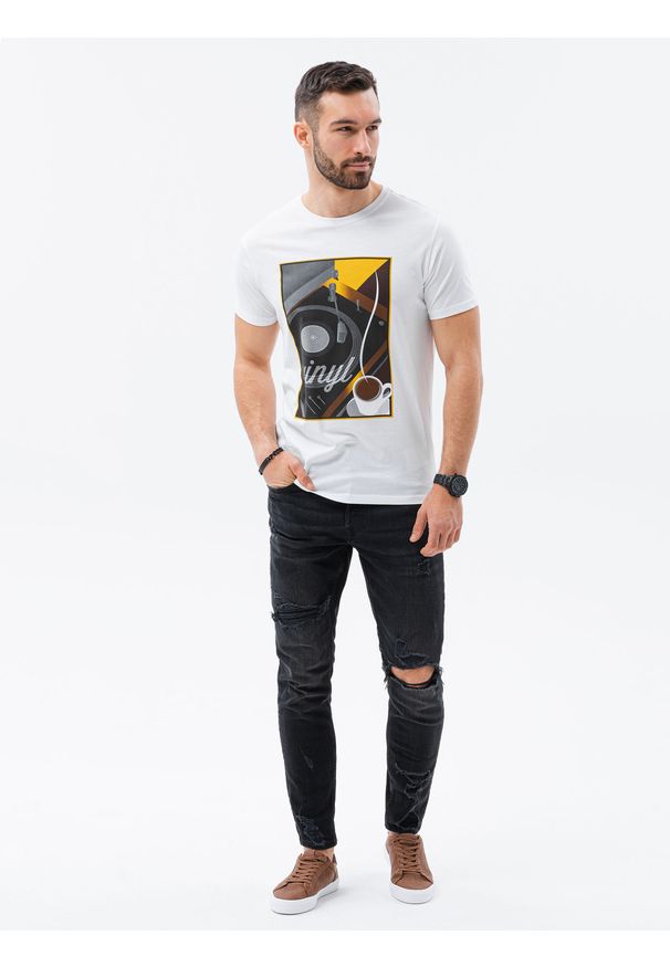 Ombre Clothing - T-shirt męski z nadrukiem S1434 V-9A - biały - XXL. Kolor: biały. Materiał: bawełna. Wzór: nadruk. Styl: klasyczny