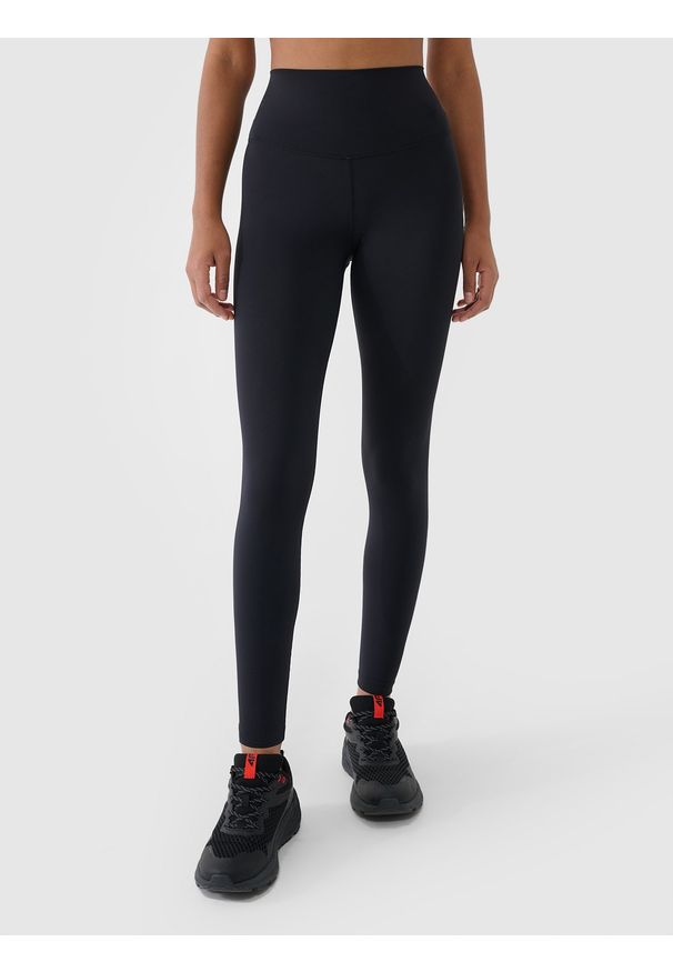 4f - 4F Legginsy treningowe z wysokim stanem damskie - czarne XS. Stan: podwyższony. Kolor: czarny. Materiał: dzianina, włókno, poliester, materiał, elastan. Wzór: gładki, ze splotem, jednolity. Sport: fitness