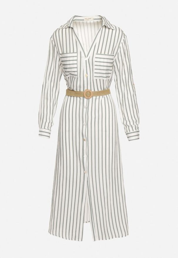 Born2be - Biało-Zielona Sukienka Midi w Koszulowym Stylu z Lnem i Paskiem z Klamrą Egogia. Okazja: na co dzień. Kolor: biały. Materiał: len. Długość rękawa: długi rękaw. Wzór: aplikacja. Typ sukienki: koszulowe. Styl: klasyczny, casual, elegancki. Długość: midi