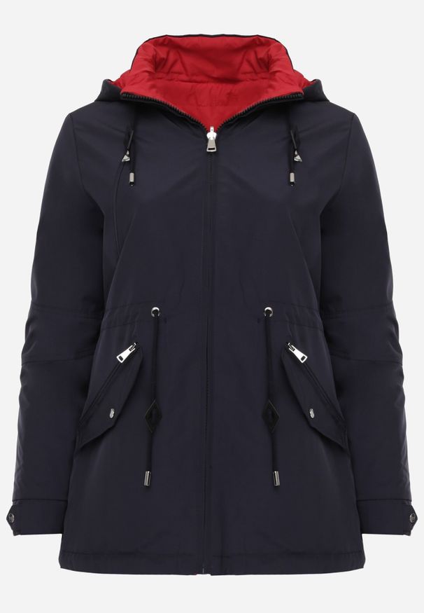 Born2be - Granatowo-Czerwona Przejściowa Kurtka Dwustronna o Kroju Parki z Pikowaniem Wewnątrz Zidelle. Typ kołnierza: kaptur. Kolor: niebieski. Materiał: poliester, jeans. Styl: sportowy