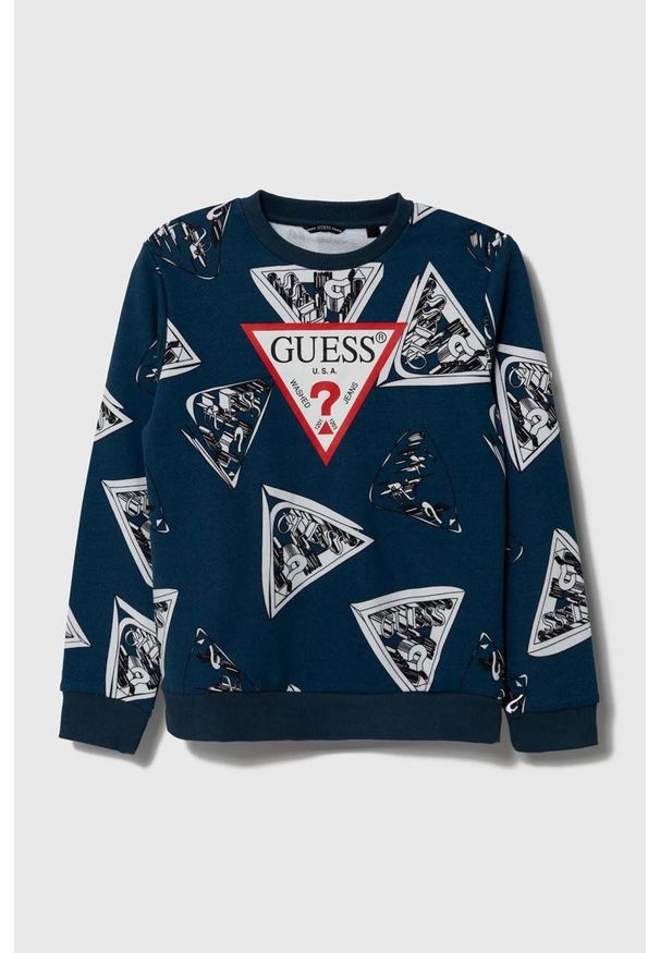 Guess bluza bawełniana dziecięca kolor niebieski wzorzysta. Kolor: niebieski. Materiał: bawełna. Wzór: nadruk. Styl: klasyczny