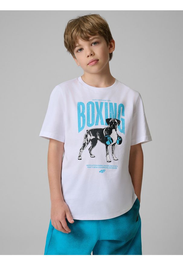 4f - 4F T-shirt regular z nadrukiem chłopięcy - biały 158 (12-13 lat). Okazja: na co dzień, na uczelnię. Kolor: biały. Materiał: materiał. Wzór: nadruk. Sezon: lato. Styl: casual, sportowy