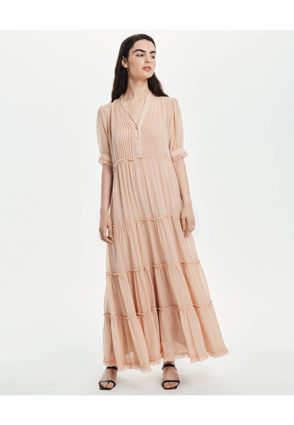 LOVLI SILK - Maxi sukienka z jedwabiu nude #No.16. Kolor: beżowy. Materiał: jedwab. Typ sukienki: rozkloszowane. Długość: maxi