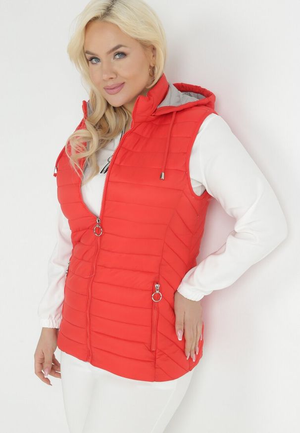 Born2be - Czerwona Kamizelka z Kapturem Pikowana Cotra. Okazja: na co dzień. Typ kołnierza: kaptur. Kolekcja: plus size. Kolor: czerwony. Długość: długie. Materiał: materiał. Długość rękawa: długi rękaw. Sezon: jesień, wiosna. Styl: casual