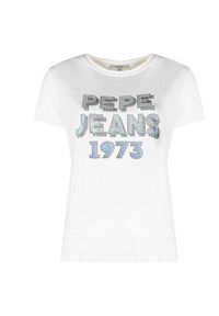 Pepe Jeans T-Shirt "Bibiana" | PL504817 | Bibiana | Kobieta | Biały. Okazja: na co dzień. Kolor: biały. Materiał: wiskoza, bawełna, poliester. Wzór: aplikacja, nadruk. Styl: casual