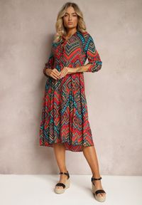 Renee - Pomarańczowo-Niebieska Koszulowa Sukienka z Bawełnianej Tkaniny z Mozaikowym Wzorem Tesahina. Kolor: pomarańczowy. Materiał: bawełna, tkanina. Sezon: lato. Typ sukienki: koszulowe #3