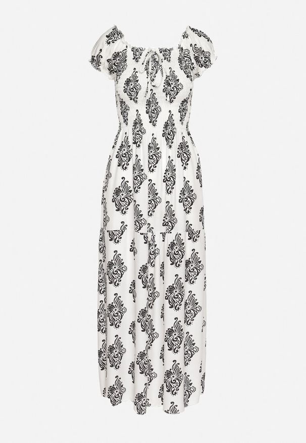 Born2be - Biała Sukienka Hiszpanka z Ornamentalnym Wzorem z Wiskozą Orrionna. Okazja: na spacer, na imprezę. Typ kołnierza: dekolt hiszpanka. Kolor: biały. Materiał: wiskoza. Sezon: lato. Styl: klasyczny. Długość: maxi