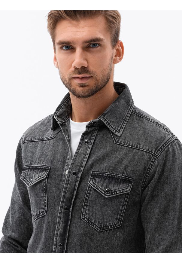 Ombre Clothing - Koszula męska z długim rękawem K567 - czarna - XXL. Kolor: czarny. Materiał: bawełna, jeans. Długość rękawa: długi rękaw. Długość: długie. Styl: klasyczny
