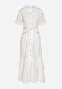 Born2be - Biała Bawełniana Sukienka Haftowana o Koszulowym Kroju z Wiązanym Paskiem Efrora. Okazja: na co dzień, na spacer, na imprezę. Kolor: biały. Materiał: bawełna. Długość rękawa: krótki rękaw. Wzór: haft. Typ sukienki: koszulowe. Styl: casual, elegancki #2