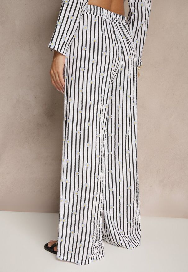 Renee - Biało-Czarne Szerokie Spodnie High Waist z Bawełny z Gumką w Talii Ranivaria. Okazja: na co dzień. Stan: podwyższony. Kolor: czarny. Materiał: bawełna. Wzór: kwiaty. Sezon: wiosna, lato. Styl: casual, elegancki