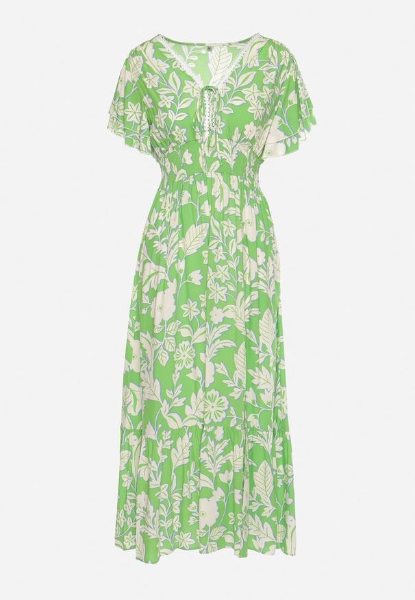 Born2be - Jasnozielona Wiskozowa Rozkloszowana Sukienka z Ozdobnym Wiązaniem i Koronkową Tasiemką z Gumką w Pasie Lalmarie. Okazja: do pracy, na co dzień, na spotkanie biznesowe, na spacer. Kolor: zielony. Materiał: wiskoza, koronka. Wzór: aplikacja. Styl: biznesowy, casual